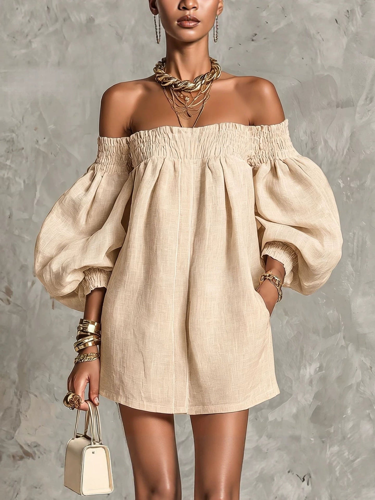 Whitney | Off-Shoulder Lantern-Sleeve Mini Dress
