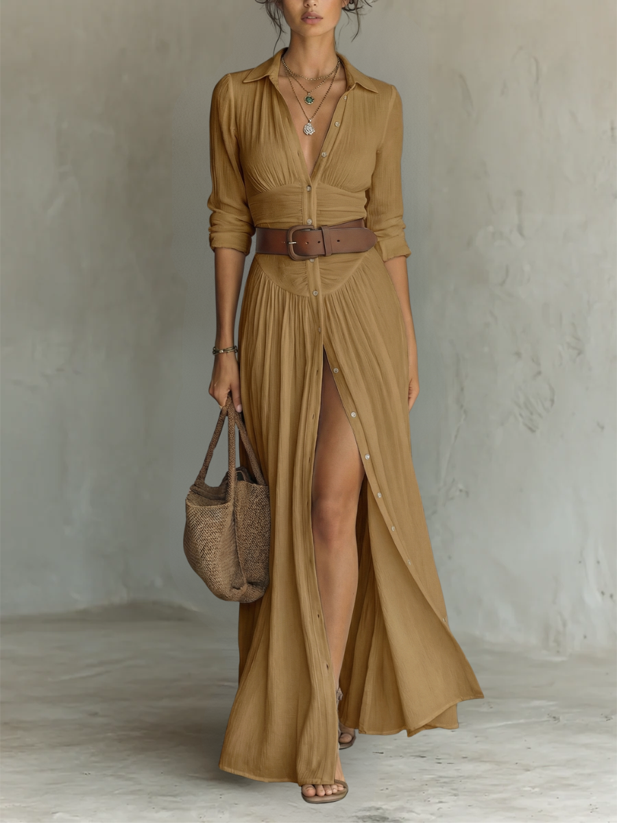 Theodora | Belted Button-Through Shirt Maxi Dress