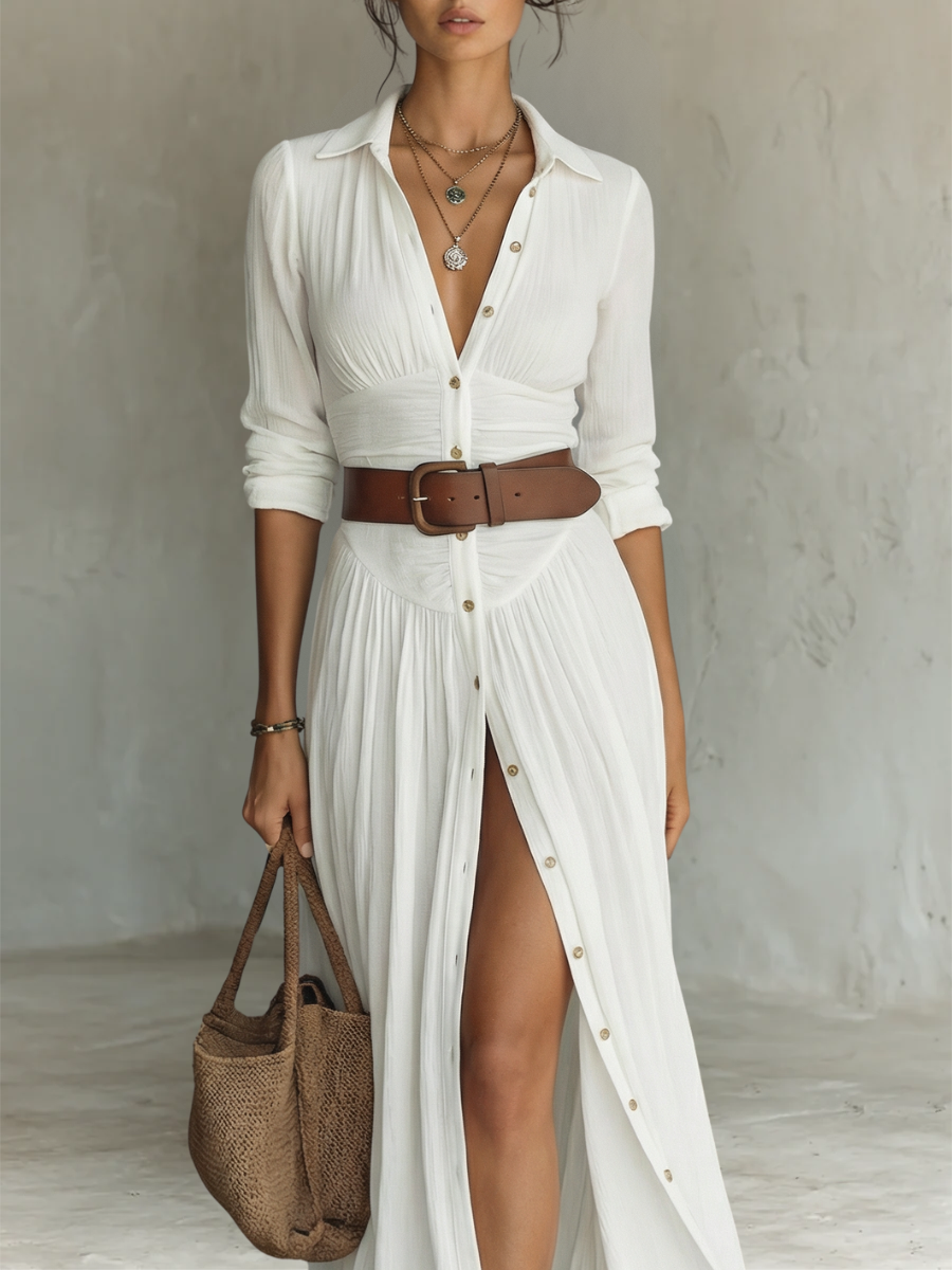 Theodora | Belted Button-Through Shirt Maxi Dress