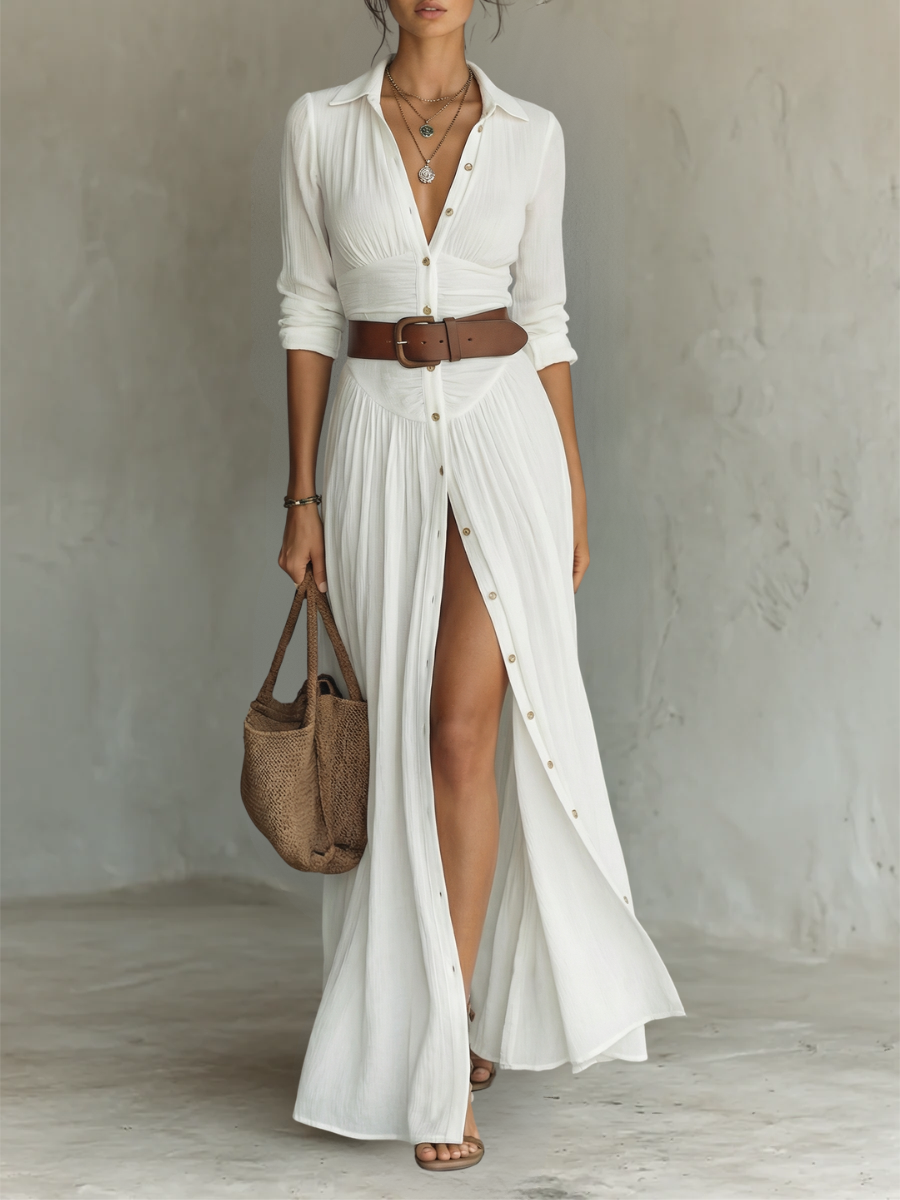 Theodora | Belted Button-Through Shirt Maxi Dress