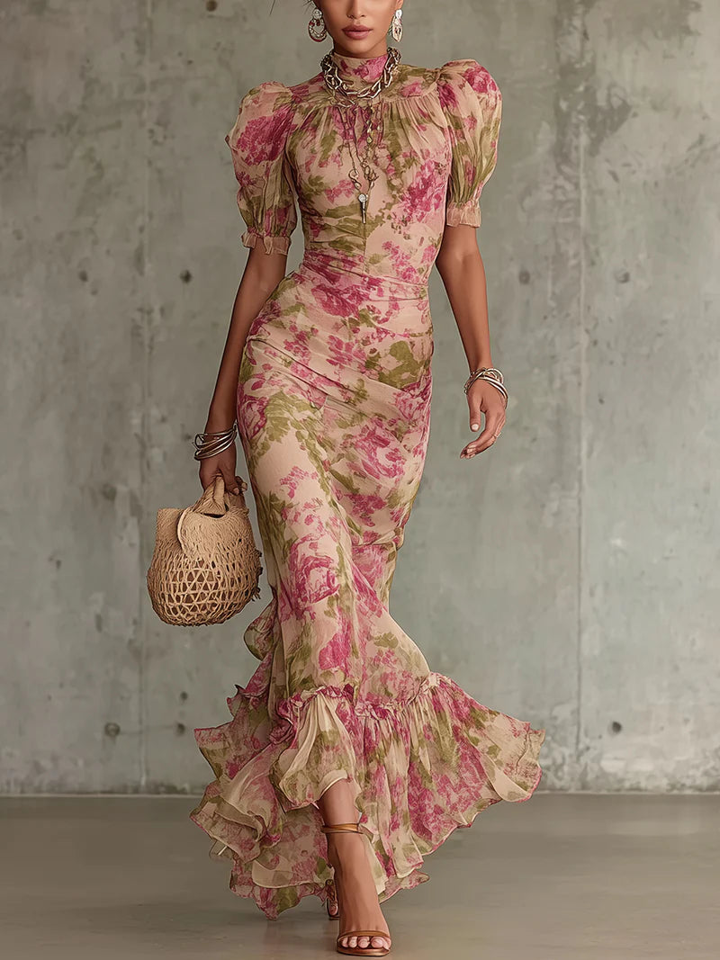 Harriet | Vintage Rose Print Puff-Sleeve Maxi Dress