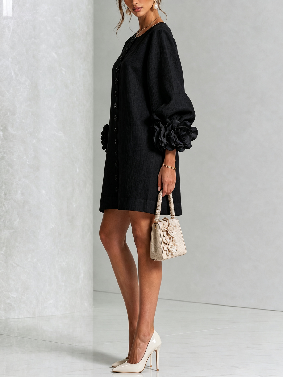 Anastasia | Floral-Cuff Statement Mini Dress