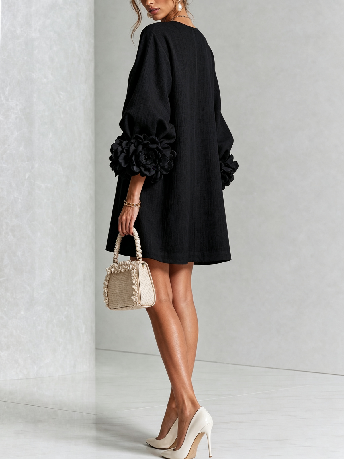 Susanna | Button-Front Floral-Cuff Mini Dress