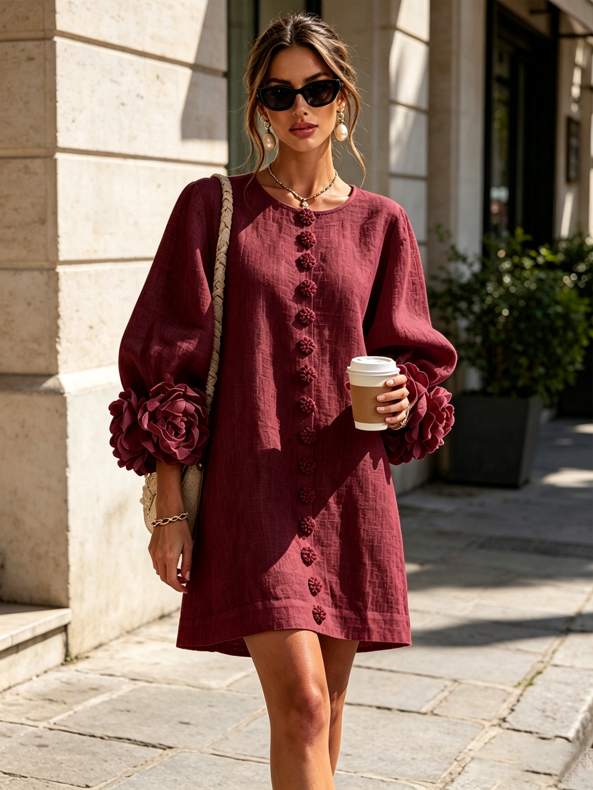Clementine | Rosette-Cuff Button Shift Dress