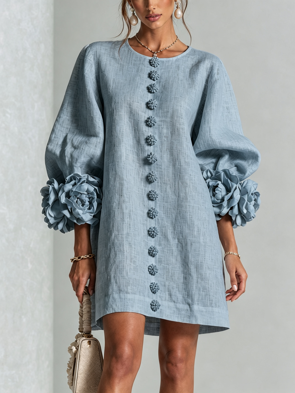 Susanna | Button-Front Floral-Cuff Mini Dress