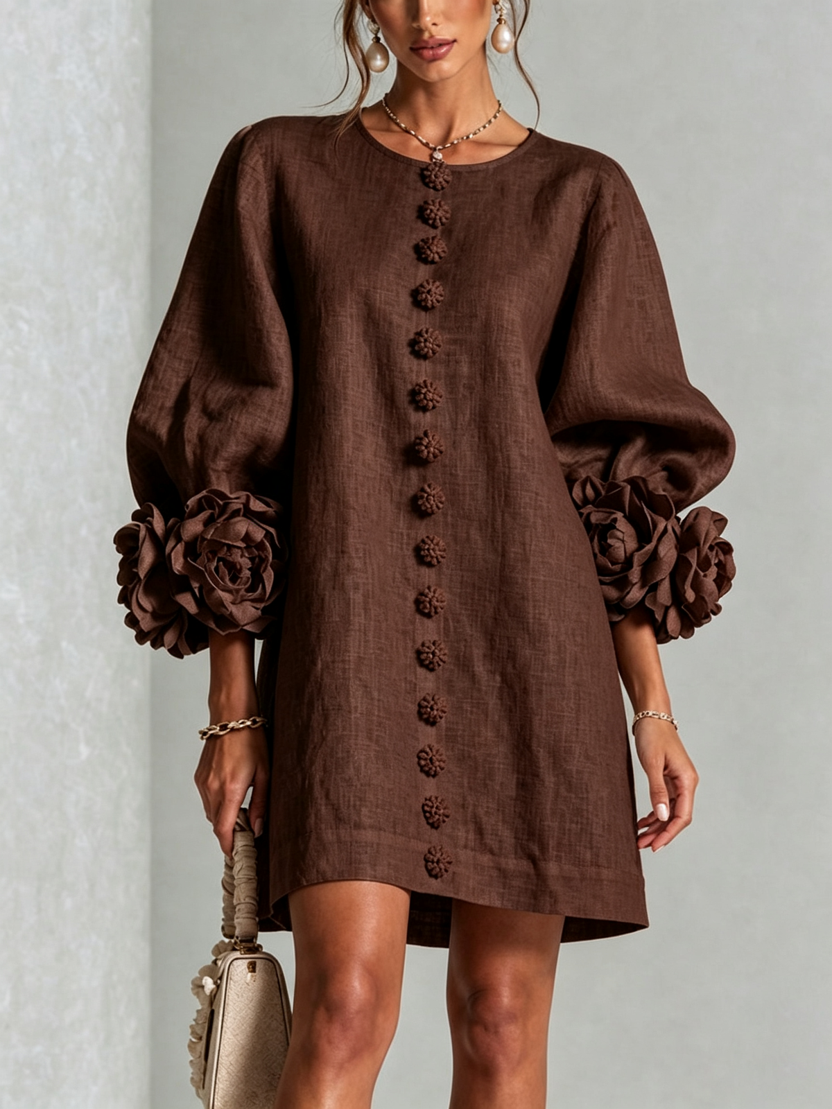 Adriana | Floral-Cuff Button Mini Dress