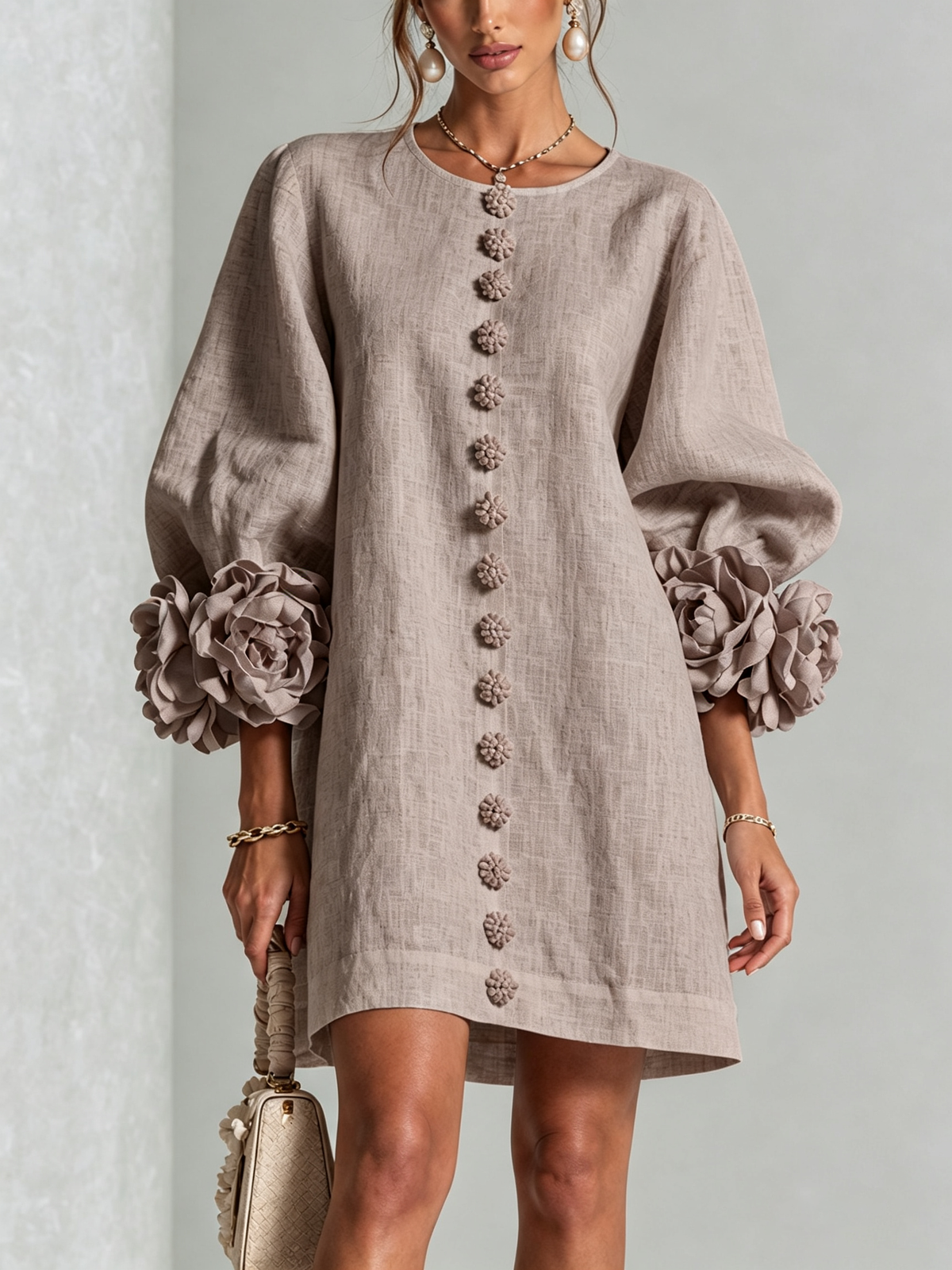 Clementine | Rosette-Cuff Button Shift Dress