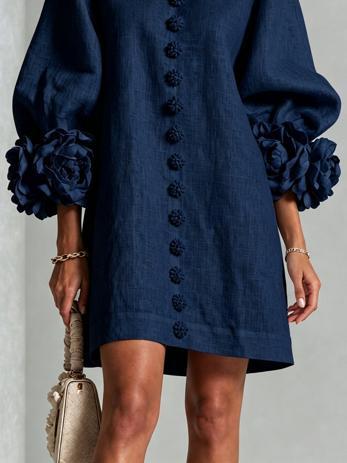 Clementine | Rosette-Cuff Button Shift Dress