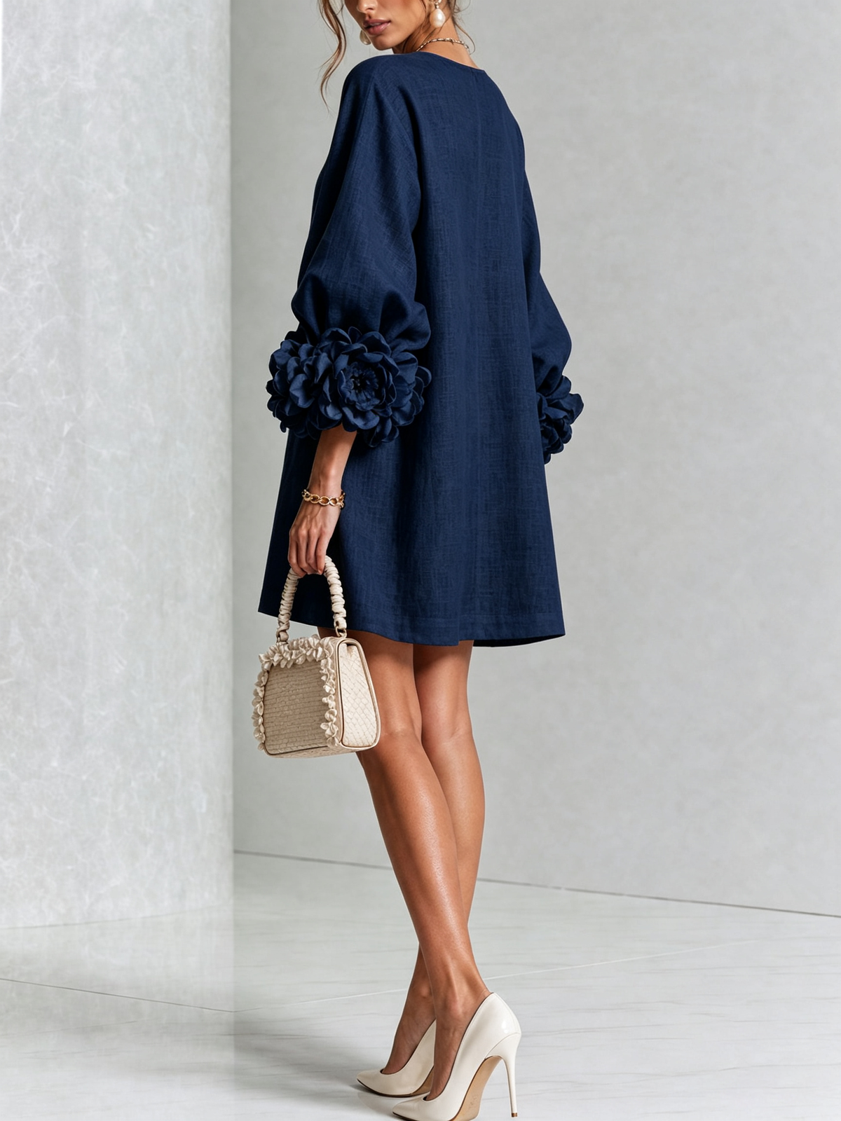 Susanna | Button-Front Floral-Cuff Mini Dress