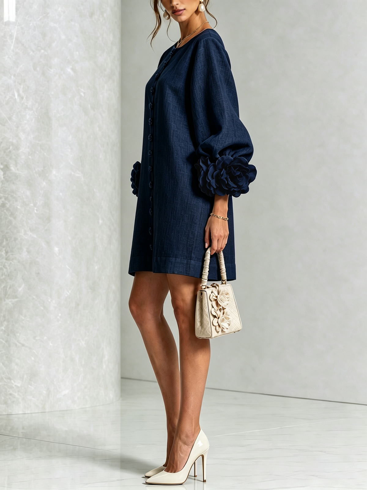 Susanna | Button-Front Floral-Cuff Mini Dress