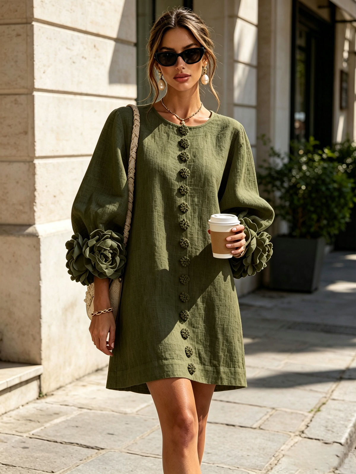 Susanna | Button-Front Floral-Cuff Mini Dress
