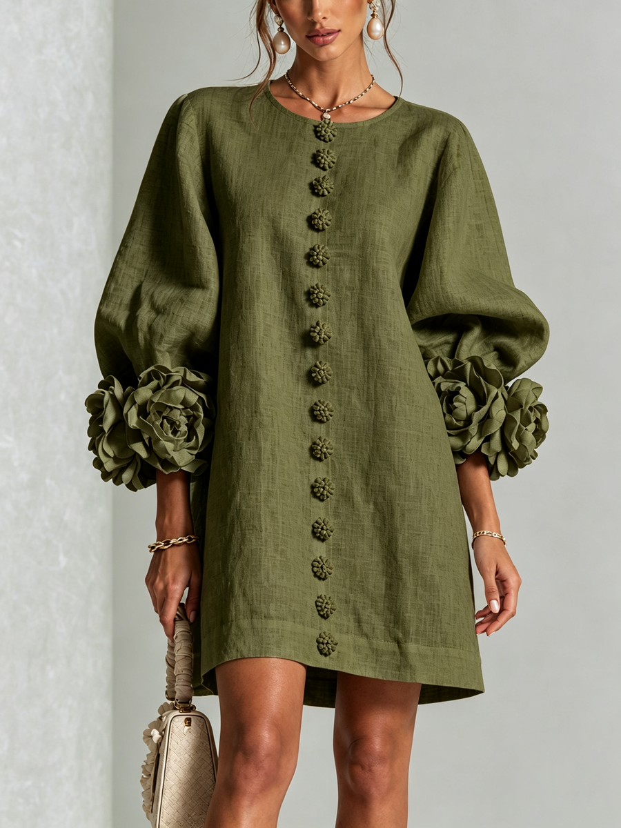 Susanna | Button-Front Floral-Cuff Mini Dress