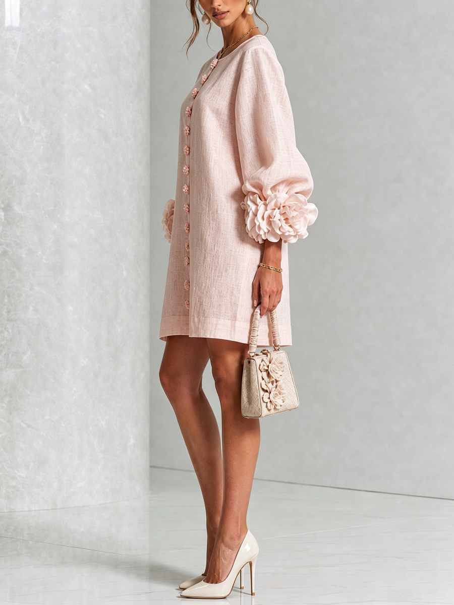 Clementine | Rosette-Cuff Button Shift Dress