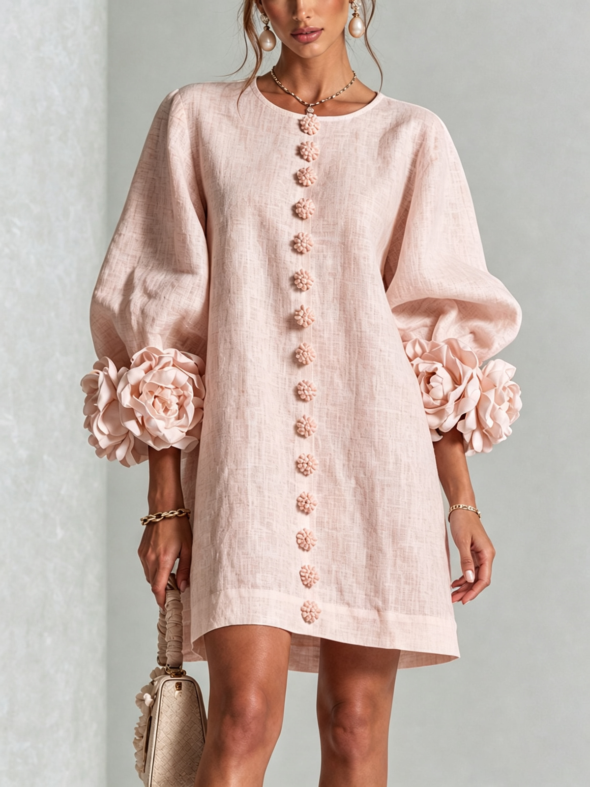 Clementine | Rosette-Cuff Button Shift Dress