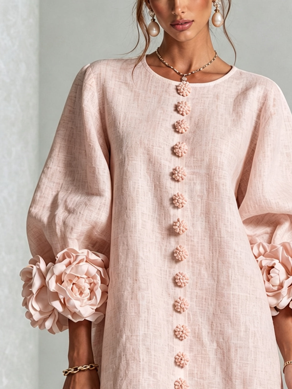 Clementine | Rosette-Cuff Button Shift Dress