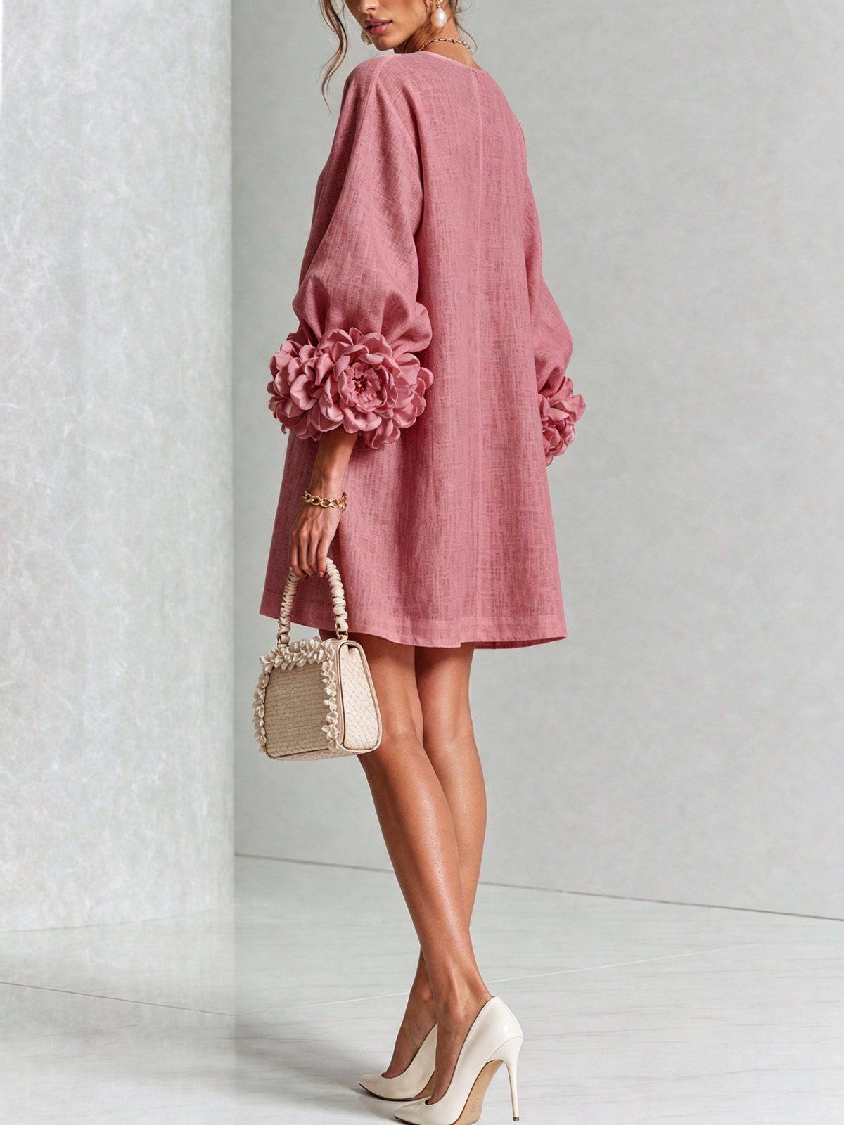 Clementine | Rosette-Cuff Button Shift Dress