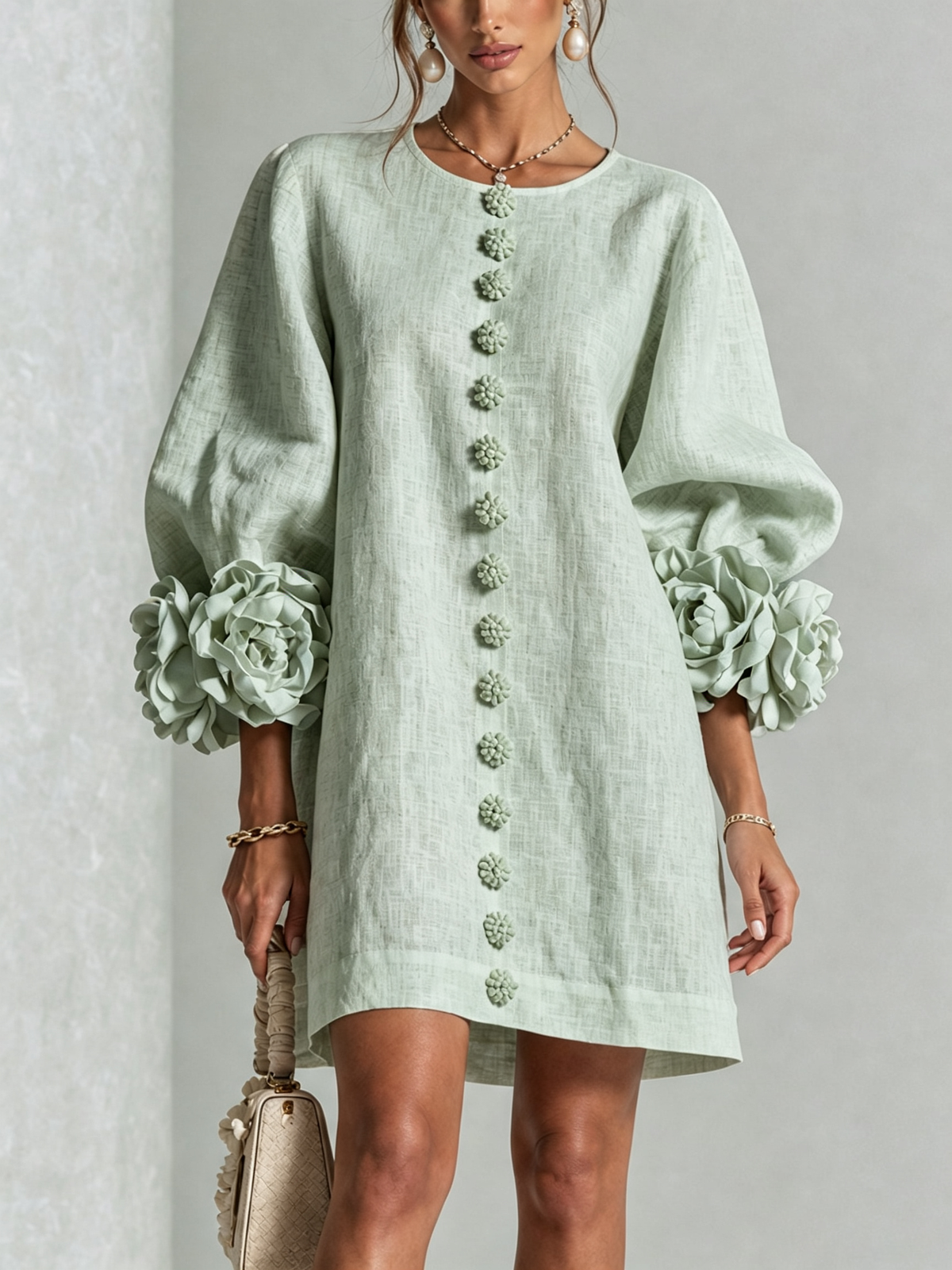Susanna | Button-Front Floral-Cuff Mini Dress
