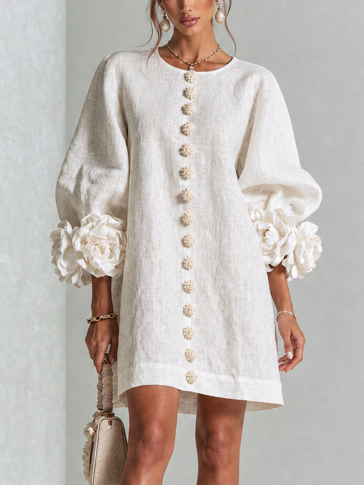 Susanna | Button-Front Floral-Cuff Mini Dress