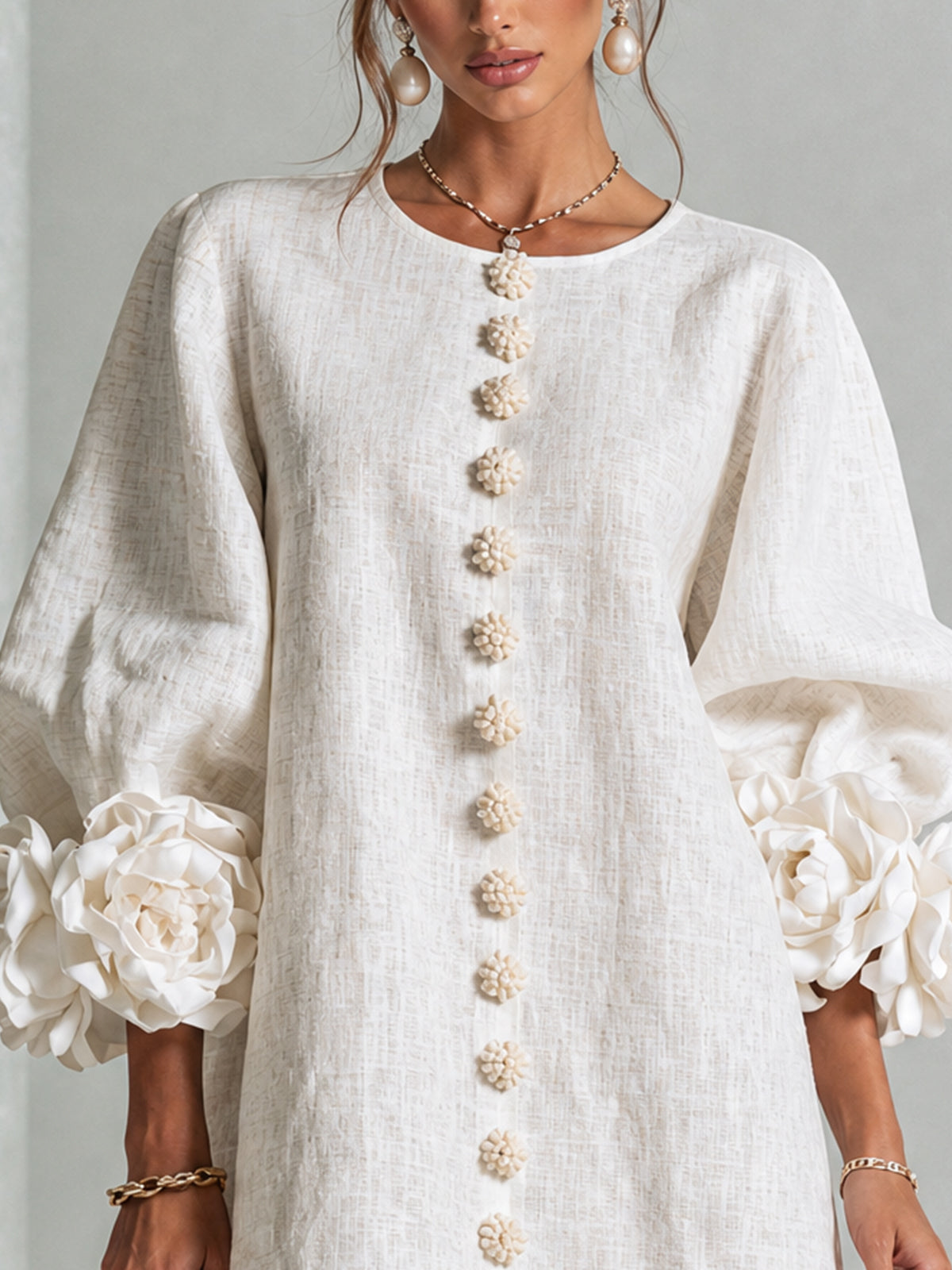 Clementine | Rosette-Cuff Button Shift Dress