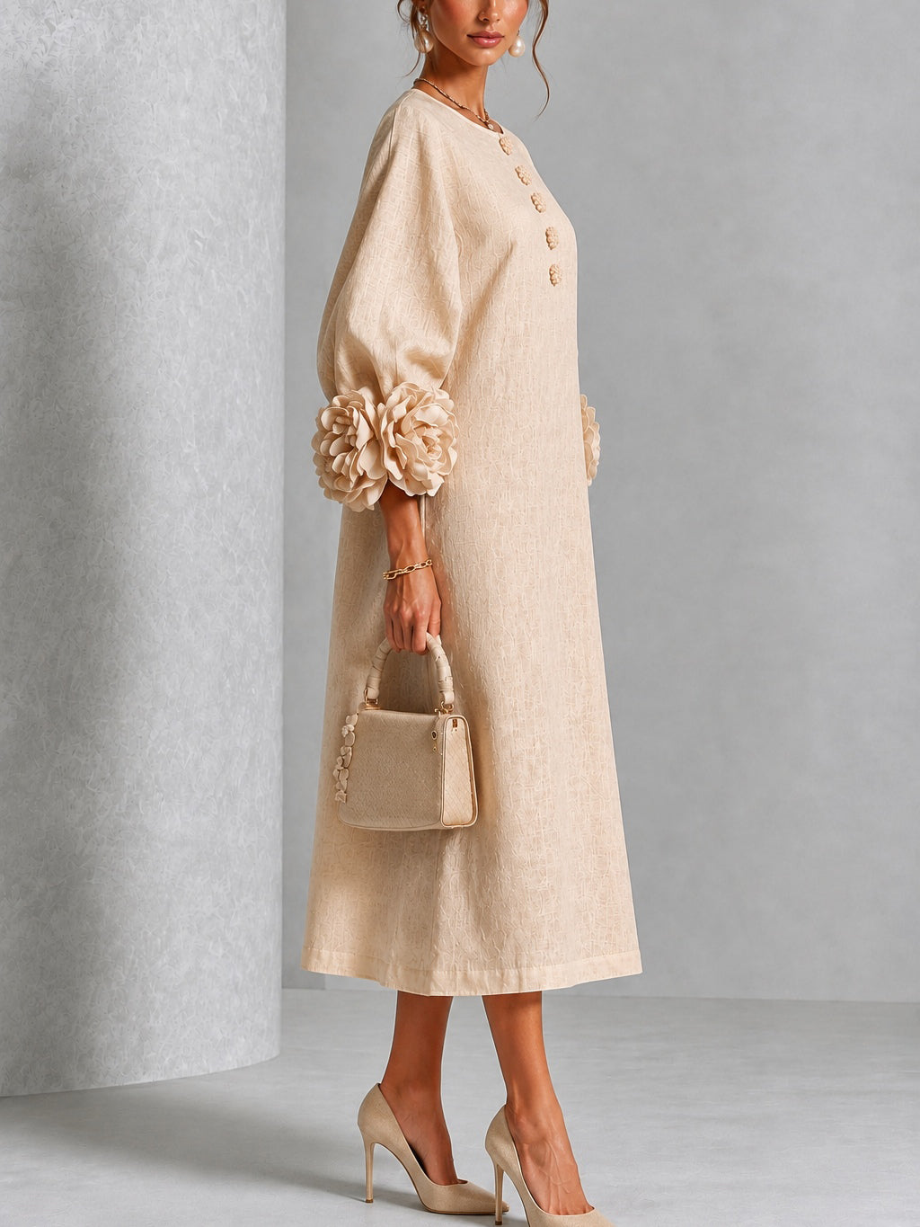Theodosia | Rosette-Cuff Button Midi Dress