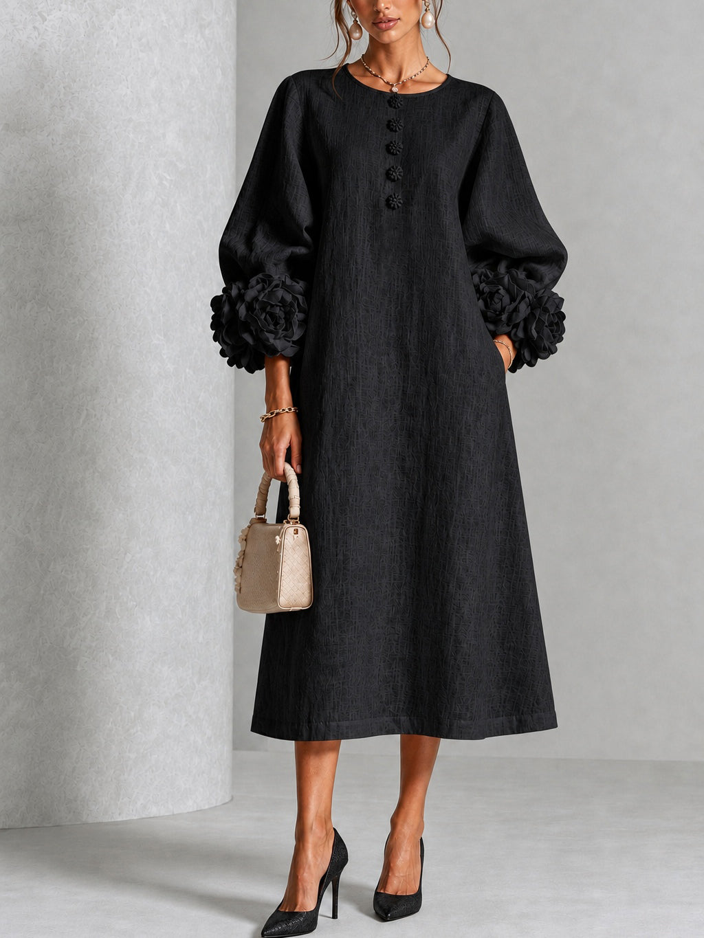 Theodosia | Rosette-Cuff Button Midi Dress