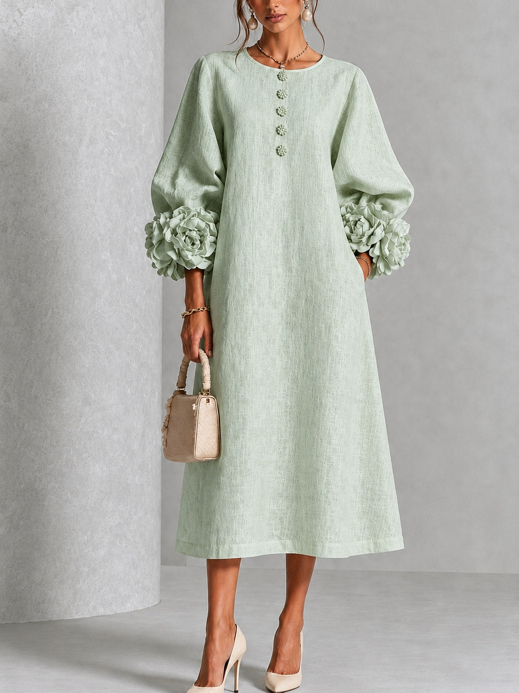 Theodosia | Rosette-Cuff Button Midi Dress