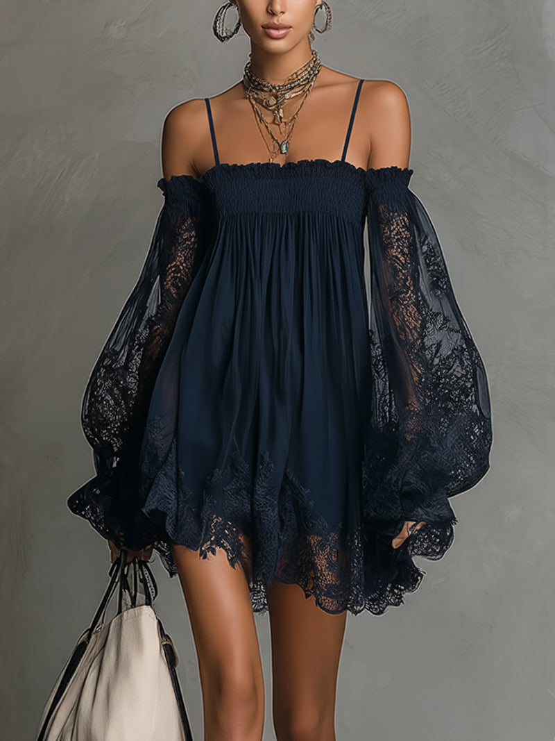 Louisa | Off-Shoulder Chiffon Dress with Lace Sleeves